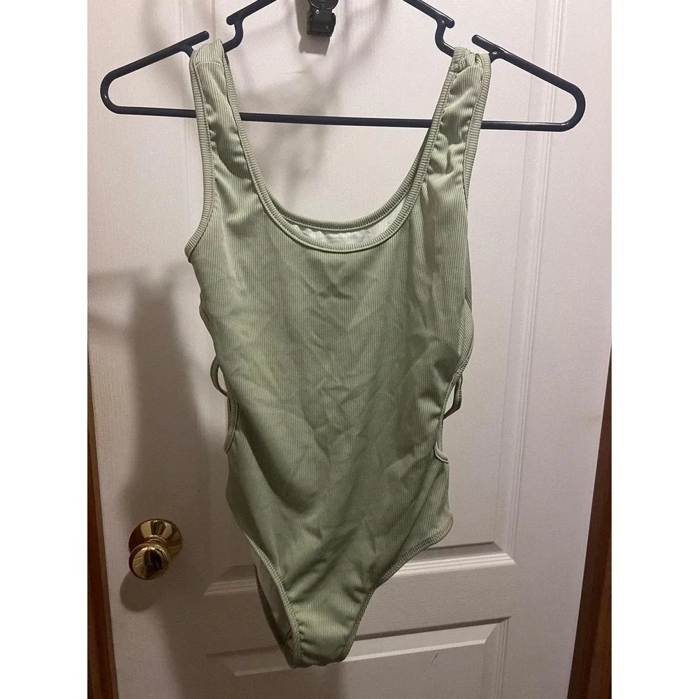 Milumia Sage Green Ribbed Cut Out One Piece Swimsuit Monokini NWT Size 13-14Y